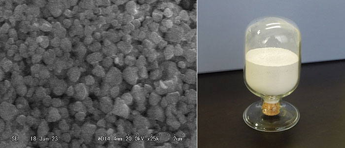 （左） Zn2-xMgxP2O7負熱膨張微粒子の電子顕微鏡写真 （右） 量産品の外観（商品名：PyroAdjuster ®）
